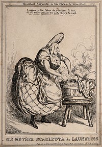 James Scarlett, 1st Baron Abinger, as a washerwoman scrubbing clothes in a tub filled with hot soapy water. Etching by William Heath, 1829.