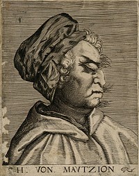 Herr von Mautzion, a character with a grotesque face. Line engraving attributed to D. Custos.
