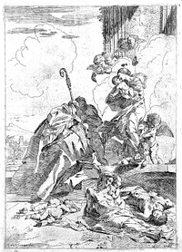 Saint Nicholas and Saint Roch invoking the help of the Virgin to stay the plague. Etching by P. Testa.