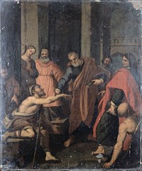 Saint Peter and Saint John healing a lame man at the entrance to the Temple. Oil painting after L. Cardi, il Cigoli.