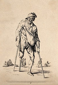 An old man on crutches with a wooden leg. Etching by Jean Duplessi-Bertaux.