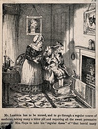 Mr. Lambkin ill with his feet in warm water being nursed by Mrs. Slops. Lithograph by G. Cruikshank.