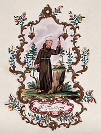 Saint Francis of Assisi, in a rococo frame, holding a Bible and a crucifix. Watercolour.