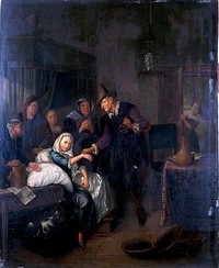 A medical practitioner taking a girl's pulse and holding a flask of her urine, with four other figures on the left and a maid opening a door on the right. Oil painting after Richard Brakenburg.