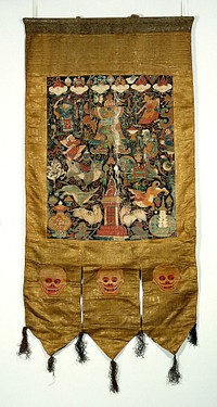 Attributes of Cimara (gNod-sbyin rTsiu-dmar-po) in a "rgyan tshogs" banner. Distemper painting by a Tibetan painter.