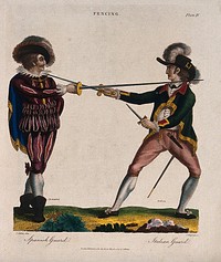 An Spanish soldier facing an Italian soldier with their swords crossed. Coloured engraving by J. Chapman after C. Elliott.