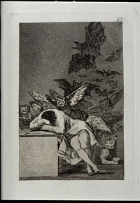 A man asleep dreaming of monsters. Aquatint by F. Goya, 1796/98.