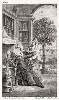 Basil Valentine contemplates a chemical jar containing homunculi of a man and woman holding hands, and a child emanating from them (alchemical symbol of conception); he is suddenly visited by Sabine Stuart de Chevalier, who reveals that she has the key to his works and crowns him as the king of alchemists. Etching by J. Le Roy, ca. 1781, after Hostoul after Sabine Stuart de Chevalier.