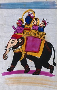 Page 103: Hanuman leading an elephant carrying Rama, Sita and Laksmana. Watercolour drawing.