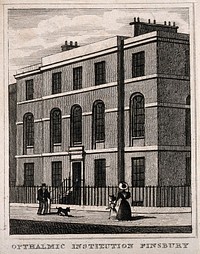 London Ophthalmic Dispensary, Finsbury. Engraving by J. Shury after T. H. Shepherd.