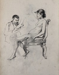 A seated female nude sketched by a seated man with a second sketch of a left foot. Pencil drawing.
