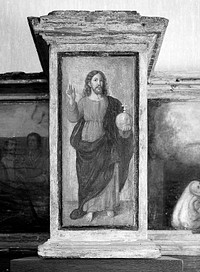 Predella with three scenes of Saint Roch, and figures of Saint Peter, Christ as Salvator Mundi, Saint Laurence and Saint Paul. Oil painting by a French  painter.