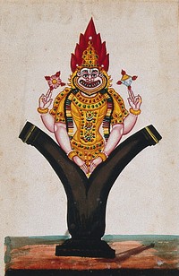 Lord Vishnu in his avatar as Narasimha. Gouache painting by an Indian artist.