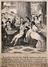 Mr. Lambkin drunkenly dancing the polka and knocking over a tray of coffee, while his loved one looks on in a dismayed manner. Lithograph by G. Cruikshank.
