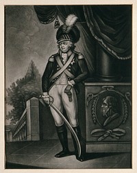 King George IV as Prince of Wales, wearing a military uniform and holding a sword. Mezzotint, 1800.