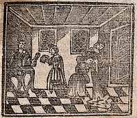 Witchcraft: a bewitched woman vomiting. Woodcut, 1720.