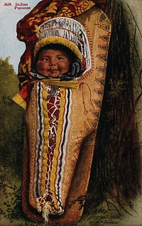 An Indian papoose in a baby carrier. Colour process print, ca. 1903.