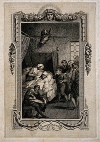 The death bed of Don Quixote. Line engraving by W. Blake, 178-, after T. Stothard.