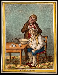 A grimacing invalid seated before a bowl having received an emetic, another man clasps his head compassionately. Coloured etching by J. Gillray, 1804, after J. Sneyd.