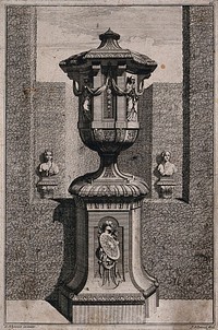 An ornate vase and pedestal with two women and a chain of medals carved on the side. Etching by J. Schynvoet, c. 1701, after S. Schynvoet.
