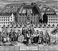 Wadham College, Oxford: aerial panoramic view with historic figures in the foreground. Line engraving by G. Vertue, 1738.