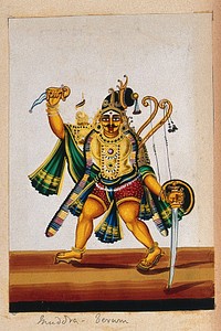 An Indian warrior  holding a dagger in one hand, a sword and a shield in the other and carrying bows and arrows over his shoulder. Gouache painting by an Indian artist.