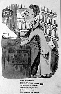 An unattractive pharmacist in his shop. Coloured wood engraving, c. 1850.