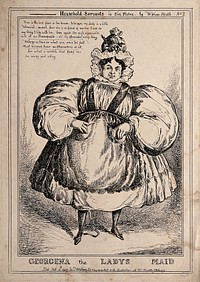 King George IV as a lady's maid wearing an apron over her dress. Etching by William Heath, 1829.