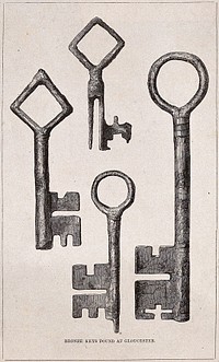 Architecture: four large keys in decayed condition. Wood engraving.