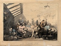 Three anatomical dissections taking place in an attic. Coloured lithograph by T. C. Wilson after a pen and wash drawing by T. Rowlandson.