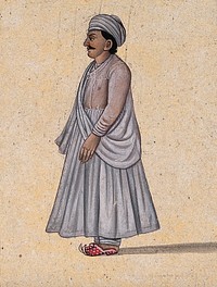 A man wearing a 'Lucknow-style', angarakha kurta and pyjama (dress). Gouache painting by an Indian artist.