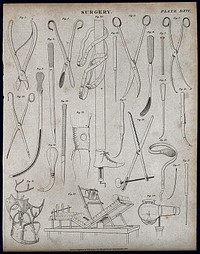 Surgical instruments and appliances, including a bed with reading stand; 24 figures. Engraving by W. H. Lizars after himself, 1830.