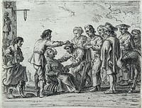 A travelling healer demonstrating the extraction of a tooth from the mouth of a woman patient, before a crowd of onlookers. Etching attributed to Cornelis de Wael.