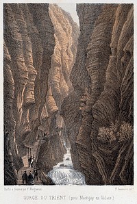 The Trient gorge, near Martigny, the Valais, Switzerland. Colour lithograph by F. Baumann.