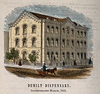 Demilt Dispensary, New York. Coloured wood engraving.