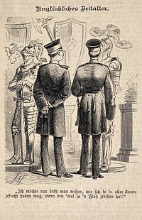 Two military men standing in front of two coats of amour and remarking how unfortunate it must have been to wear armour when bitten by a flea. Wood engraving by A.H.