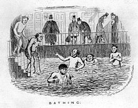 A man with crutches is going down the steps of a swimming pool; men wearing top hats in the background. Etching, ca. 1870.