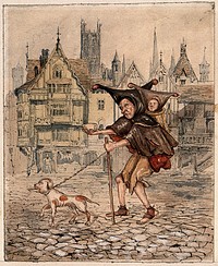 A blind man holding out a begging bowl and supported by a stick is carrying a small child in a basket on his back. Watercolour.