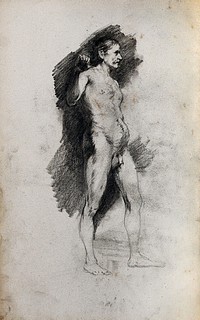 A male nude figure seen from the right. Pencil drawing.