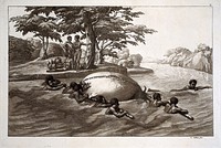 Monoemugi, Somalia : people of Gingyra crossing the river Shabelle  by carrying their belongings in the inflated skin of a cow. Aquatint by G. Gallina, ca. 1819.