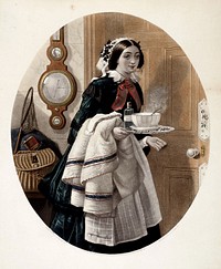 A maid bringing medicine and soup to her master who has a cold. Lithograph, 1857, after W.H. Simmons after J. Collinson.