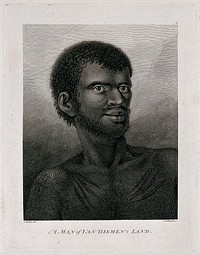 A man of Van Diemen's Land (Tasmania) encountered by Captain Cook during his third voyage, 1776-1780. Engraving by J. Caldwall, 1784 after J. Webber, 1777.