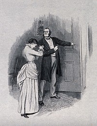 A young woman is banished from the room by her father. Wood engraving by J. Swain after R. Barnes.