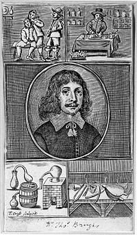 Thomas Brugis: his portrait, with vignettes of the work and equipment of the surgeon and apothecary. Line engraving by T. Cross.