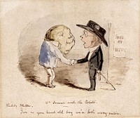 A potato shaking hands with Edward Jenner, claiming him as a fellow vaccinator. Watercolour by John Leech.