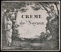 A French liqueur label illustrated with Pan piping to a maiden by a forest pool. Lithograph by E. Goy, 19th century, after G. Brunner.