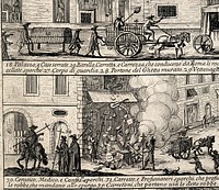Episodes in the plague in Rome in 1656-1657. Etching.