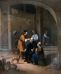 Tobias restoring the eyesight of Tobit. Oil painting by a Dutch painter, 17th century.