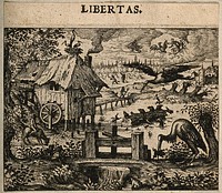A stork impales a frog in a peaceful scene by a river; allegory of freedom. Etching by C. Murer after himself, c. 1600-1614.