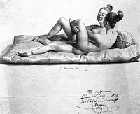 Two Chinese girls with bound feet are making love on a mattress. Lithograph by J.B. Mauzaisse, 1829.